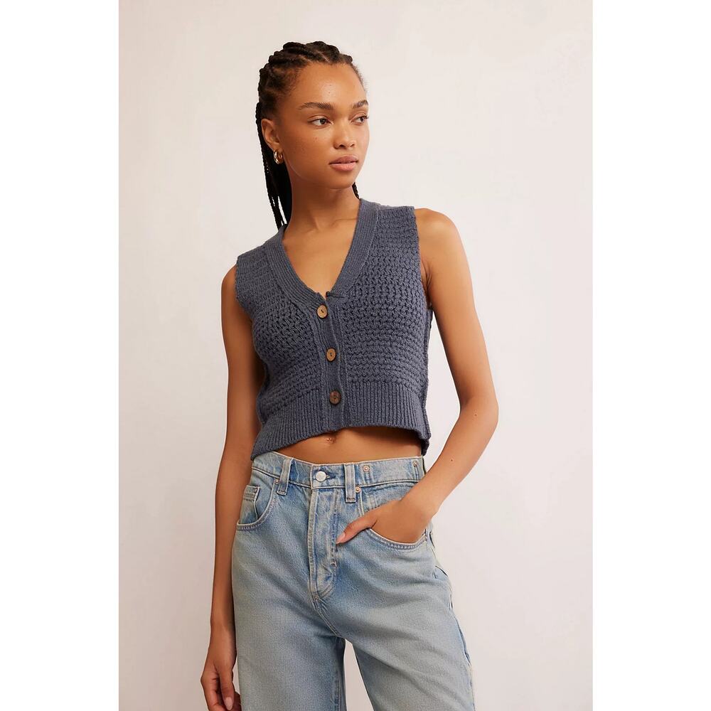 Free People Ava Knit Vest Blue XS Button-Up Sleeveless Shirt Vest Boho Chic